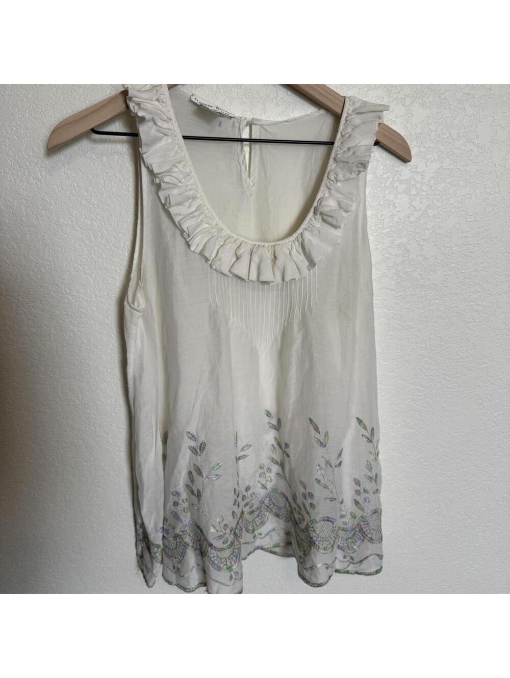 Alberto Makali Vintage Fairycore 100% Silk Embroidered Ruffle Tank, XL